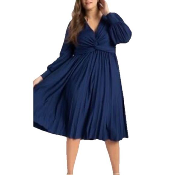 Eloquii Women's Twist Front Long Sleeve Dress Sz 28 NWT Blue Midi Formal - Picture 1 of 8